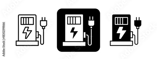 Ev Charger  Solid color and black line drawing vector illustration set