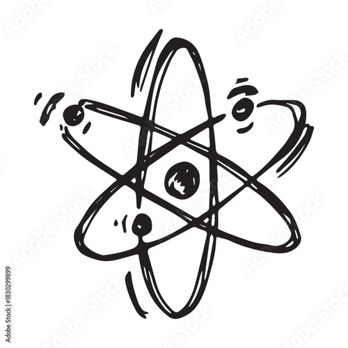 Hand drawn atom sign Molecule clipart in doodle style Single element for print, web, design, decor Symbol of science, education, nuclear energy, scientific research, molecular chemistry