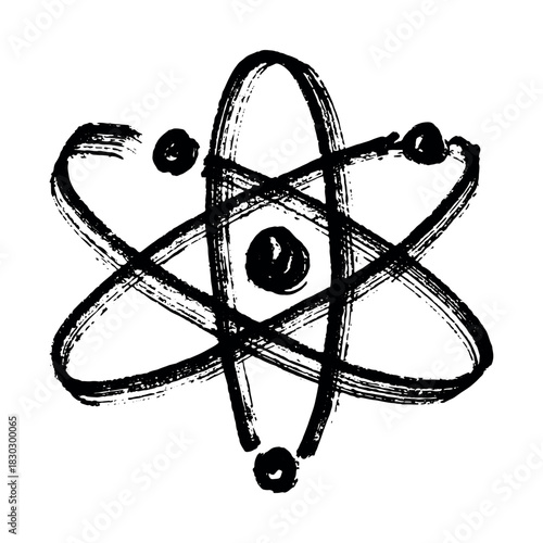 Hand drawn atom sign Molecule clipart in doodle style Single element for print, web, design, decor Symbol of science, education, nuclear energy, scientific research, molecular chemistry