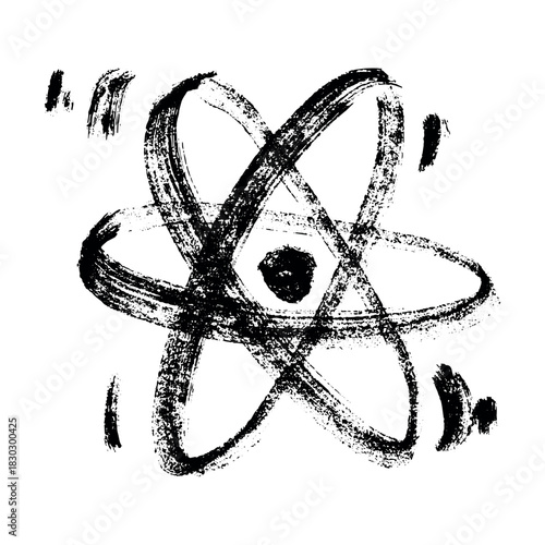 Hand drawn atom sign Molecule clipart in doodle style Single element for print, web, design, decor Symbol of science, education, nuclear energy, scientific research, molecular chemistry