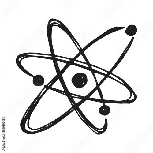 Hand drawn atom sign Molecule clipart in doodle style Single element for print, web, design, decor Symbol of science, education, nuclear energy, scientific research, molecular chemistry