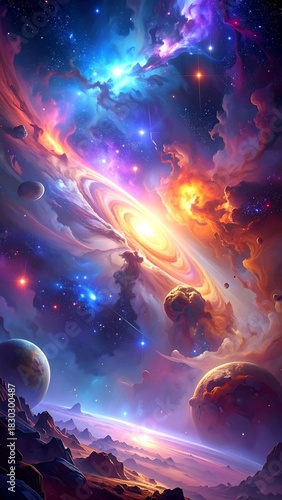 Spectacular cosmic scene swirling nebulae, planets, and starry galaxies