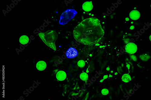 Bright neon green and blue liquid drops floating in a dark abstract background, resembling microscopic cells, particles, or bioluminescent elements. Vibrant experimental macro photography with glowing
