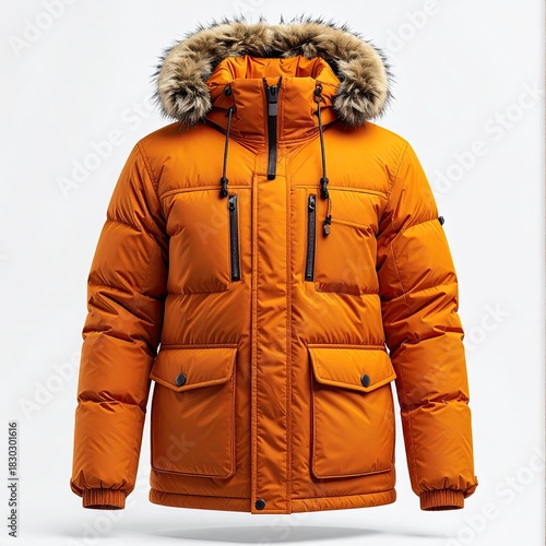 Full-length, orange puffer jacket with fur hood