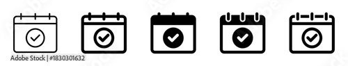 Minimal calendar icons with check mark symbol in various styles, perfect for scheduling, planning, reminders, task management, successful completion, event confirmation, and due dates