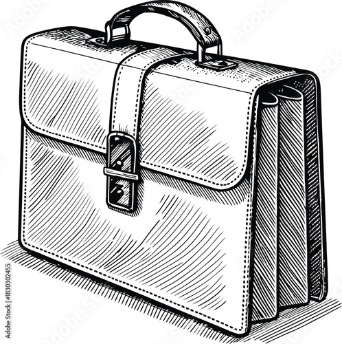 A leather briefcase with a handle and buckle in black and white drawing style