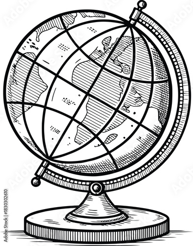 A vintage globe with stand and visible continents in a black and white drawing style