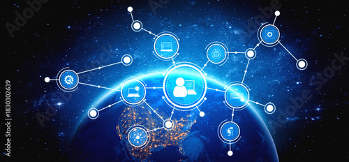 Wallpaper Mural A stunning visual representation of global connectivity, showcasing digital interaction through various technology icons in a realistic space background. Tessel Torontodigital.ca