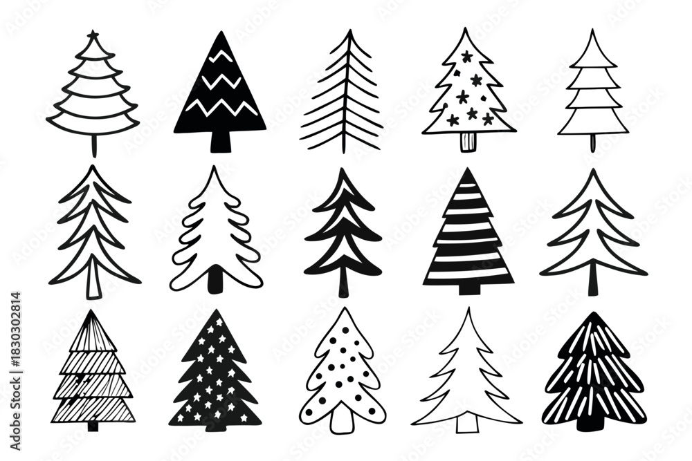 Obraz premium Festive hand-drawn Christmas tree doodles for holiday cheer, perfect for cards, crafts, and seasonal designs to bring warmth and joy this winter
