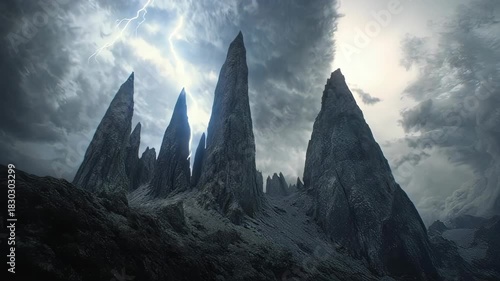Dramatic Jagged Peaks Under Stormy Skies Awe Inspiring Landscape.
