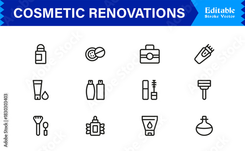 Cosmetic Renovations Line Icon Set with Professional Minimal Design and Modern Editable Elements for Construction and Home Improvement