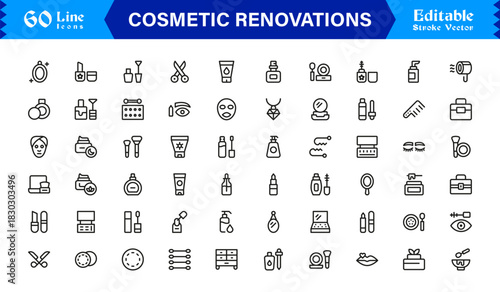 Cosmetic Renovations Line Icon Set with Professional Minimal Design and Modern Editable Elements for Construction and Home Improvement