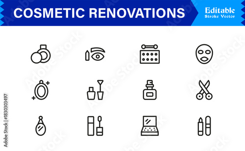 Cosmetic Renovations Line Icon Set with Professional Minimal Design and Modern Editable Elements for Construction and Home Improvement