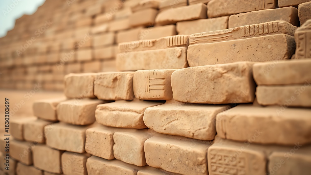 Obraz premium ziggurat. Ancient Mesopotamian mud-brick ziggurat structure, weathered surface in warm desert light. real-estate listings.