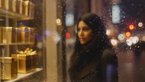 View Through Shop Window with Reflection of Shopper Looking at Holiday Display.