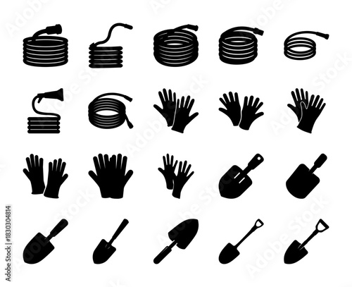Gardening tools collection: hoses, gloves, and shovels, silhouette icons kit Vector