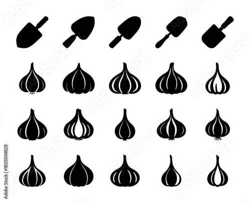 Gardening trowel and garlic bulb silhouettes icons for culinary projects Vector