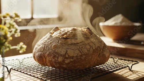 Freshly Baked Sourdough Bread Loaf on Cooling Rack.