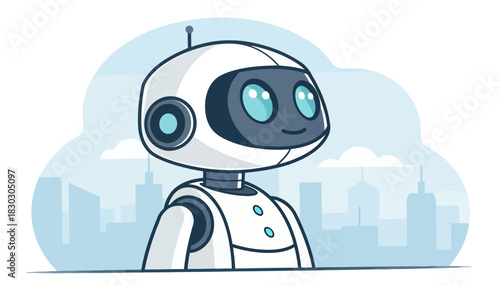 Friendly robot character smiles in the city, perfect for tech startups and innovative companies