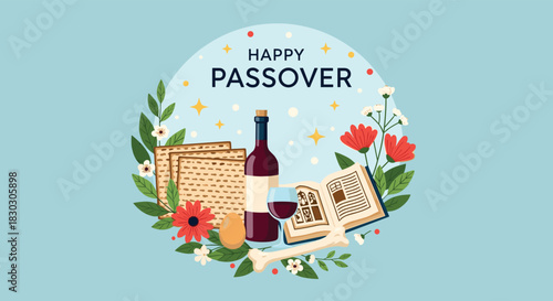 Happy Passover celebration with matzah wine and flowers.