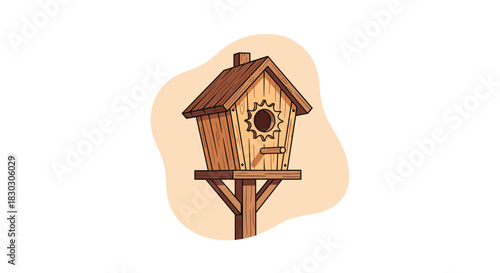 A charming wooden birdhouse on a simple post, perfect for attracting feathered friends to your garden.