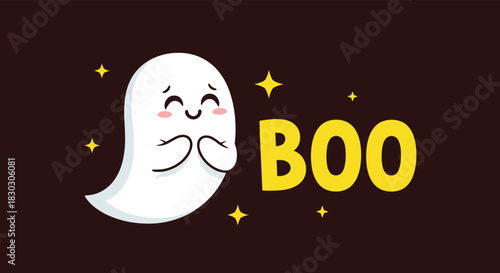 A cute cartoon ghost saying boo with sparkly stars on a dark background.