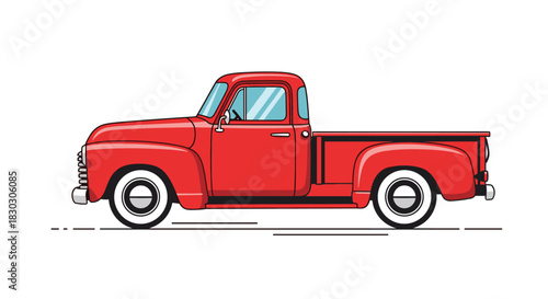 Classic red pickup truck driving on a white background with speed lines.