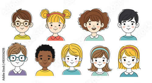 A diverse group of children's illustrations with various hairstyles and expressions