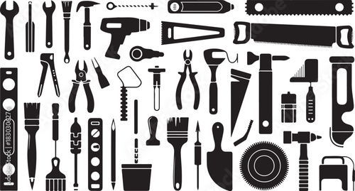 Assorted black silhouette construction tools are arranged on the white background, presenting different shapes