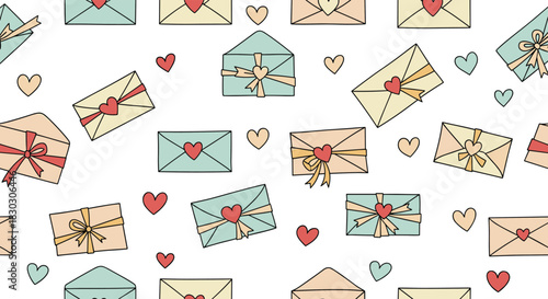 A charming seamless pattern of hand-drawn envelopes and hearts for romantic occasions.