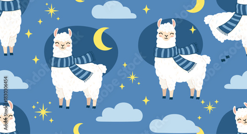 Cute fluffy llamas wearing cozy scarves under the starry night sky with crescent moons and fluffy clouds.