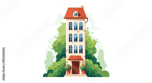 A tall narrow building with a red tiled roof surrounded by green foliage.