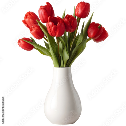 Vibrant red tulips arranged in a simple white vase
