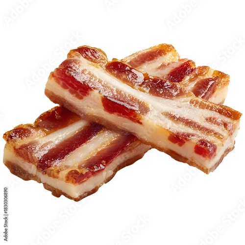Two strips of cooked bacon on a white background