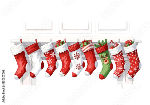 Colorful Christmas stockings hanging on white mantle for holidays  