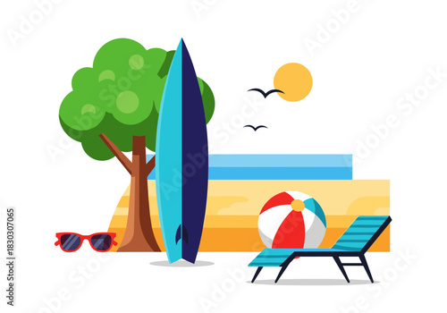 Beach scene with surfboard, chair, and sun in summer environment  