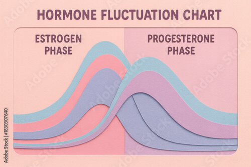 Hormone fluctuation chart showing estrogen and progesterone phase. Informative female health diagram illustrating menstrual cycle changes with calm, layered aesthetic