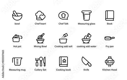 Cooking food icons. chef, recipe, cookware symbols, kitchen, and modern culinary line artwork.
