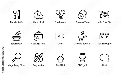 Culinary cooking icons. chef, food preparation, recipe, cookware pieces, and simple line symbols.