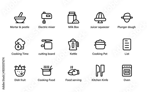 Kitchen food icons. chef, meal, recipe symbols, cooking, and minimal culinary line illustrations.