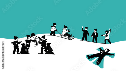 Winter Fun Children Enjoying Snow Activities - Building Snowmen, Sledding, and Playing in Snow