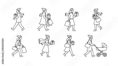 Set of cartoon illustrations of people carrying shopping bags and gifts for the holidays