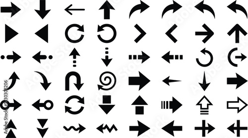 Arrow icon set, directional symbols, navigation graphics, curved arrows, straight arrows, UI elements, black and white design, pointer tools