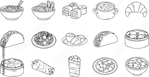 Collection of simple outline vector icons representing world cuisine and fast food dishes for menus. isolated PNG with Transparent Background