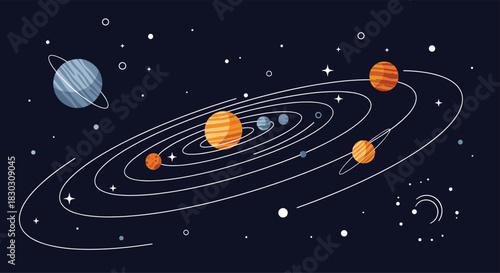 Minimalist graphic depicting a stylized solar system with various planets on elliptical orbits against a dark blue cosmic background.