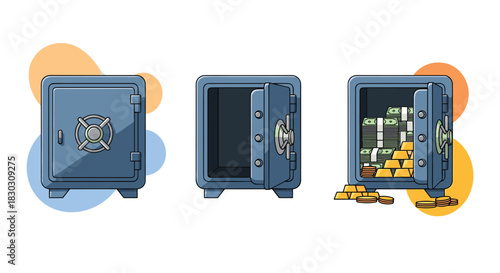 Illustration of a safe depicting security and wealth, shown closed, open and empty, and open with stacks of cash and gold bars inside and spilling out.