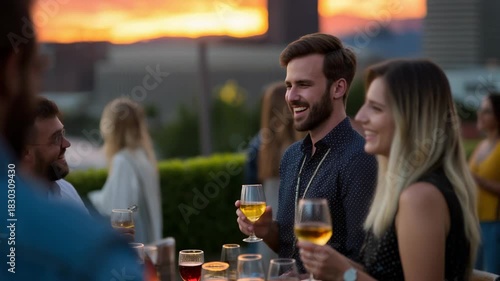 Stylish rooftop gathering at sunset with young adults enjoying drinks and conversation