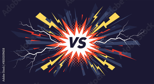 Dynamic 'VS' concept illustration with an explosive burst, lightning bolts, and abstract geometric shapes on a dark background.