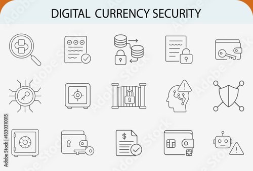 Digital currency security line icons, safe data blockchain wallet protection