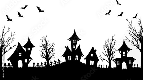 Eerie haunted houses silhouette with spooky bats flying for Halloween fun, perfect for seasonal designs, invitations, and festive decorations for a scary celebration